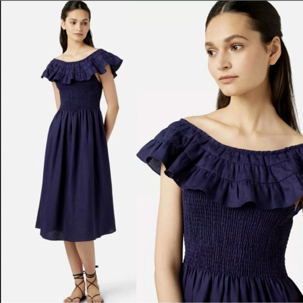 Hill House XS Linen Smocked Midi Nap Dress $180 Akilah Cottagecore Navy Blue NEW